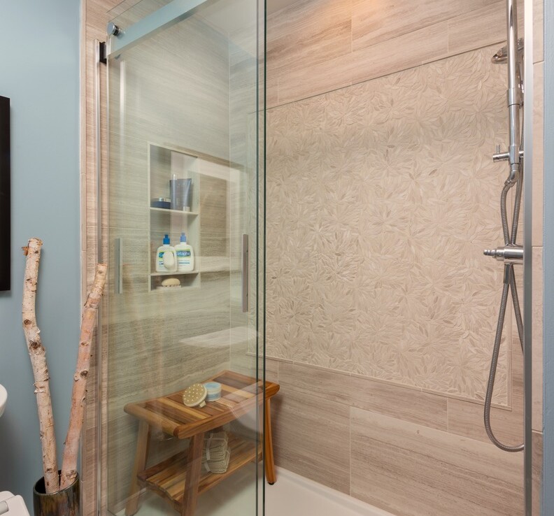 custom tile installation, bypass shower doors, recessed shower niche, limestone tile, bathroom designer Swift Creek VA, renovation design central VA, walk in shower
